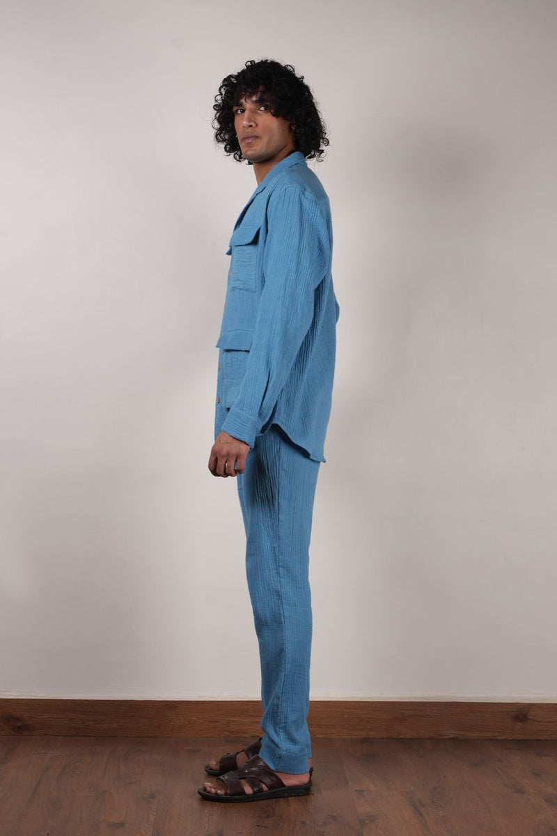 Men's Blue Crush Cotton Pocket Shirt & Pant Set (2 PCS) 100% cotton by Mati Men in blue color for men in Singapore