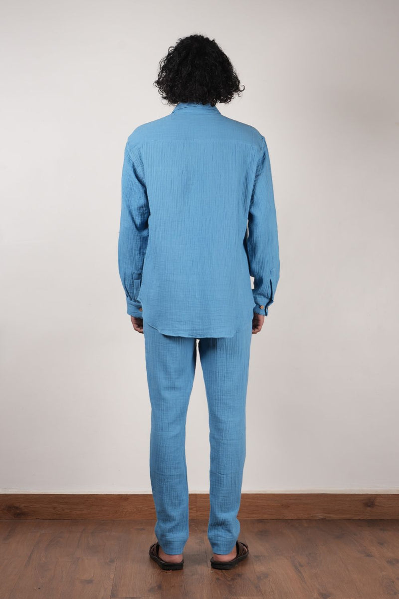 Men's Blue Crush Cotton Pocket Shirt & Pant Set (2 PCS) 100% cotton by Mati Men in blue color for men in Singapore