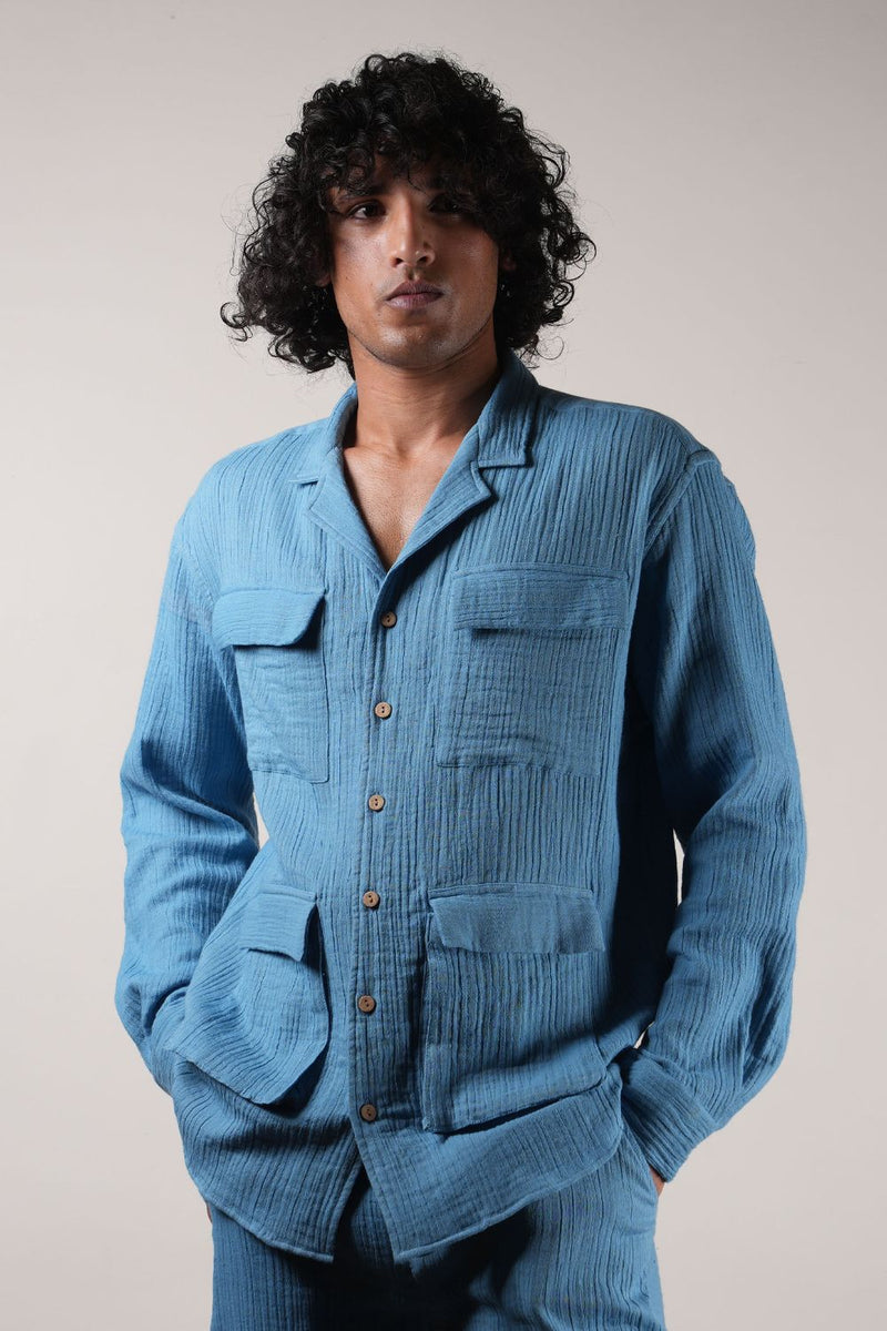 Men's Blue Crush Cotton Pocket Shirt & Shorts Set (2 PCS) 100% cotton by Mati Men in blue color for men in Singapore