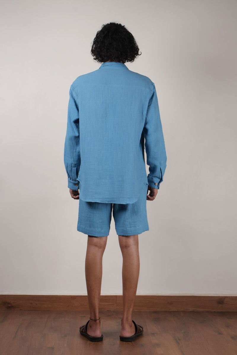 Men's Blue Crush Cotton Pocket Shirt & Shorts Set (2 PCS) 100% cotton by Mati Men in blue color for men in Singapore