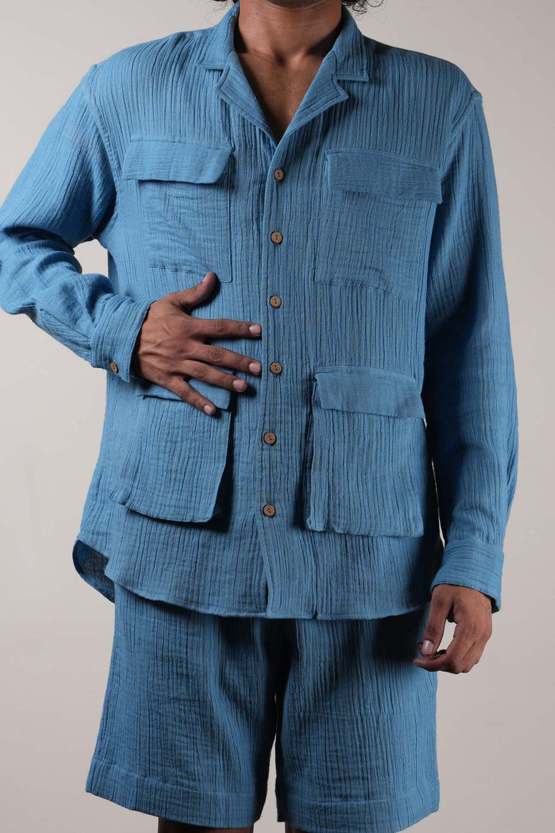 Men's Blue Crush Cotton Pocket Shirt & Shorts Set (2 PCS) 100% cotton by Mati Men in blue color for men in Singapore