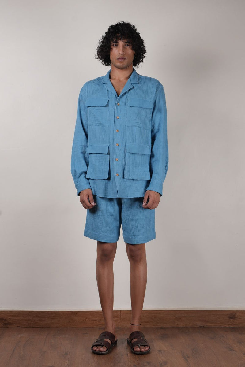 Men's Blue Crush Cotton Pocket Shirt & Shorts Set (2 PCS) 100% cotton by Mati Men in blue color for men in Singapore