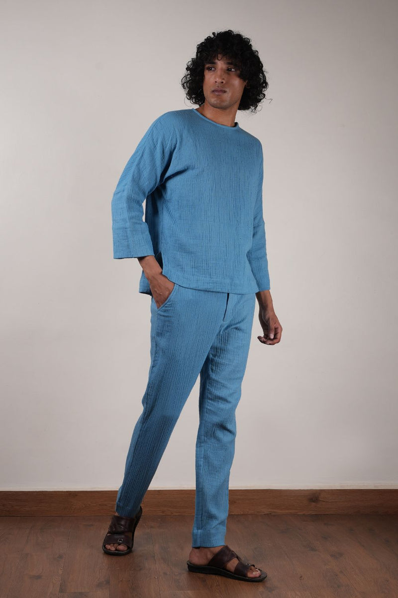 Men's Blue Crush T-Shirt & Pants Set (2 PCS) 100% cotton by Mati Men in blue color for men in Singapore
