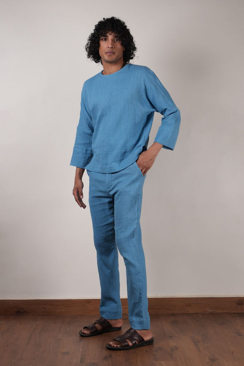 Men's Blue Crush T-Shirt & Pants Set (2 PCS) 100% cotton by Mati Men in blue color for men in Singapore