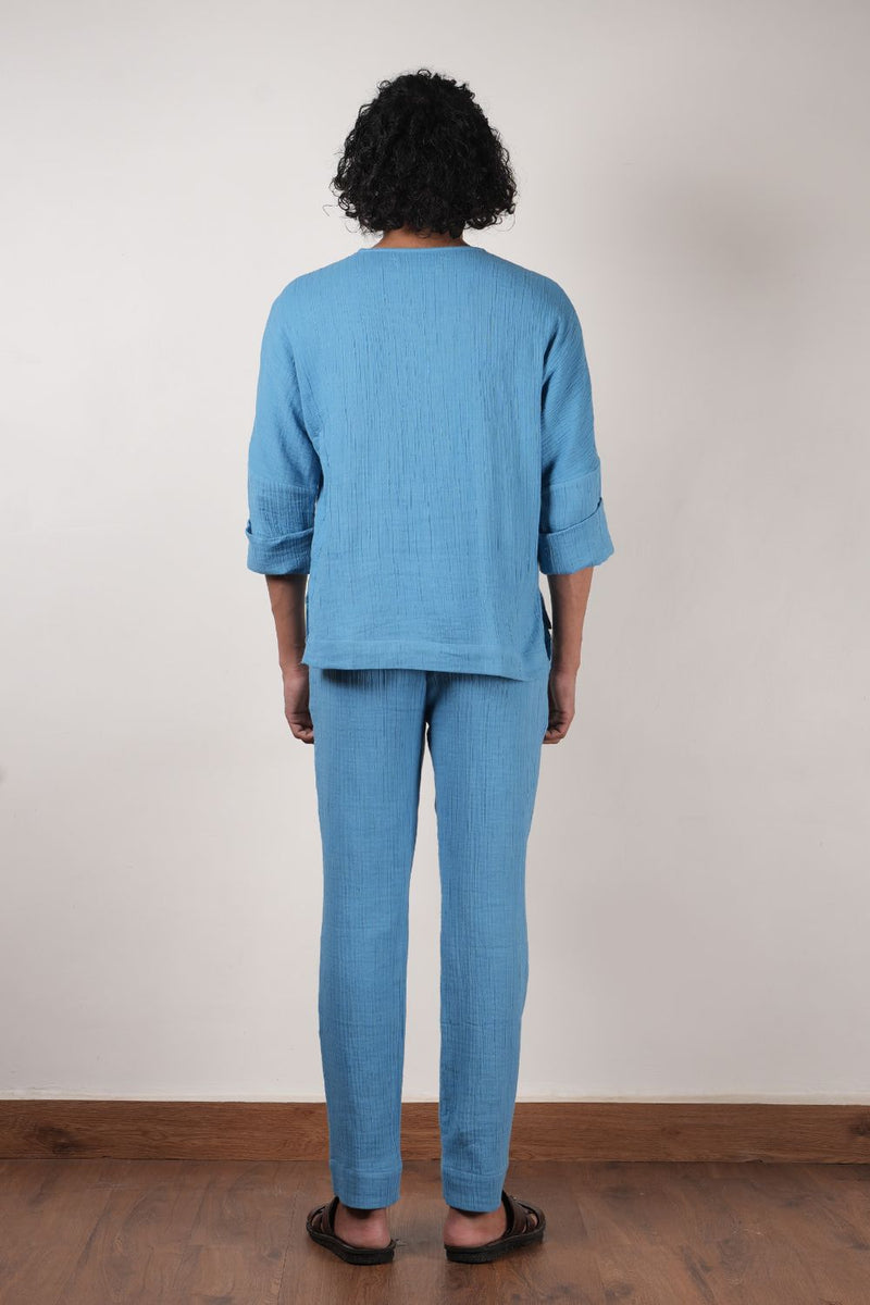 Men's Blue Crush T-Shirt & Pants Set (2 PCS) 100% cotton by Mati Men in blue color for men in Singapore