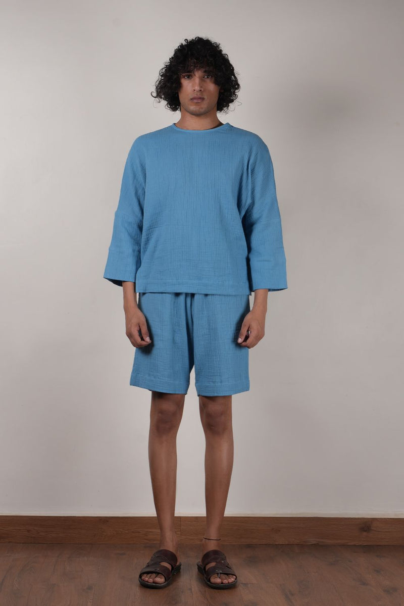 Men's Blue Crush T-Shirt & Shorts Set (2 PCS) 100% cotton by Mati Men in blue color for men in Singapore