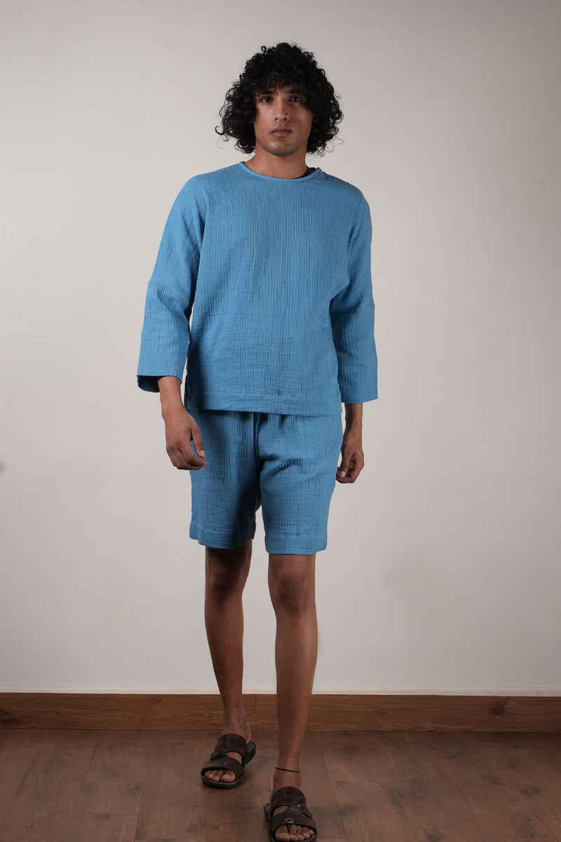 Men's Blue Crush T-Shirt & Shorts Set (2 PCS) 100% cotton by Mati Men in blue color for men in Singapore