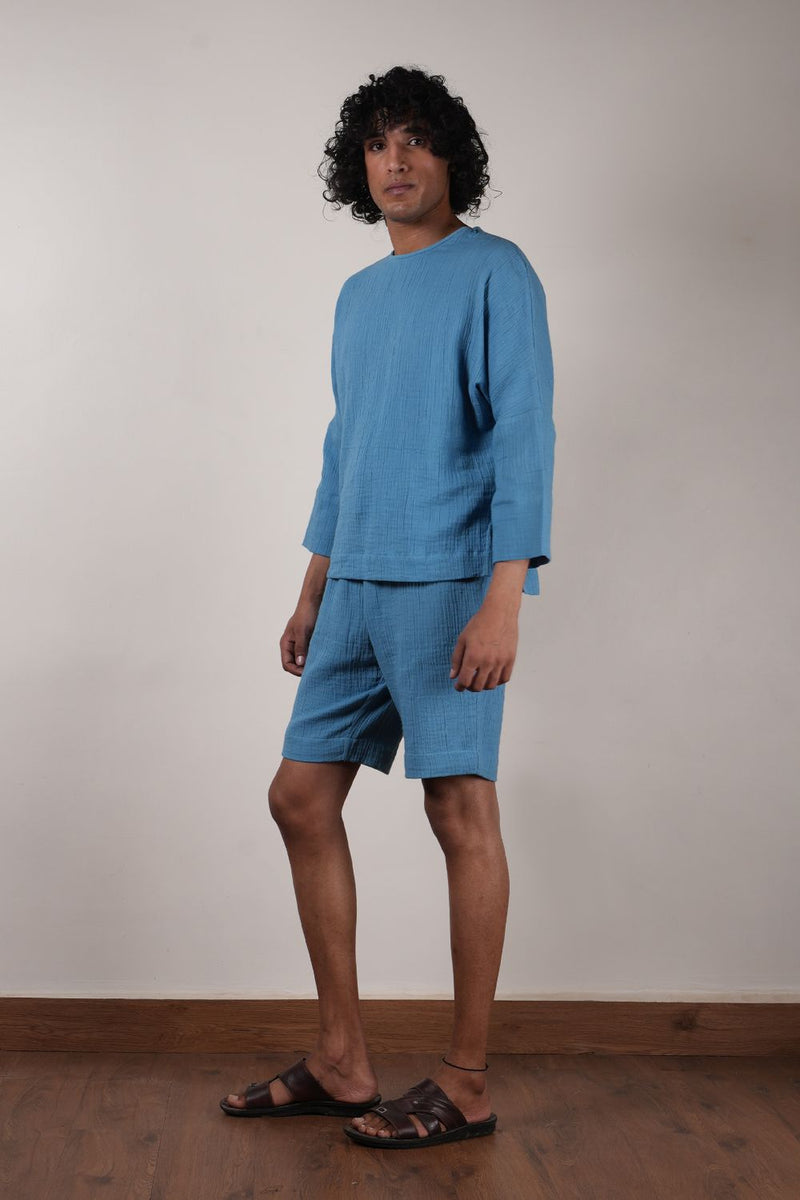 Men's Blue Crush T-Shirt & Shorts Set (2 PCS) 100% cotton by Mati Men in blue color for men in Singapore