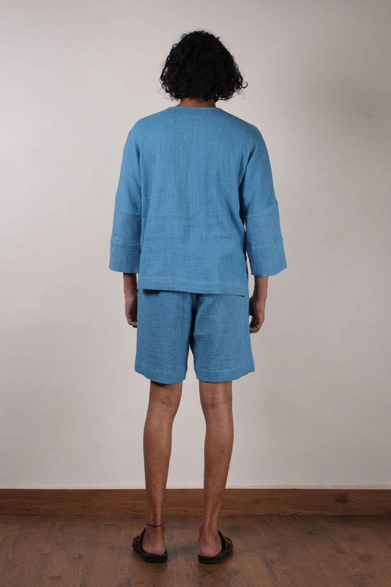 Men's Blue Crush T-Shirt & Shorts Set (2 PCS) 100% cotton by Mati Men in blue color for men in Singapore