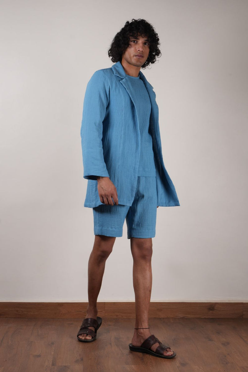 Men's Blue Crush T-Shirt, Shorts & Jacket Set (3 PCS) 100% cotton by Mati Men in blue color for men in Singapore