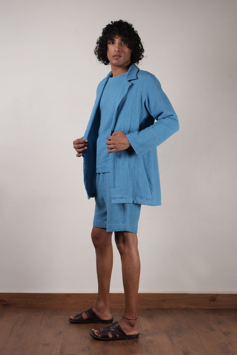 Men's Blue Crush T-Shirt, Shorts & Jacket Set (3 PCS) 100% cotton by Mati Men in blue color for men in Singapore