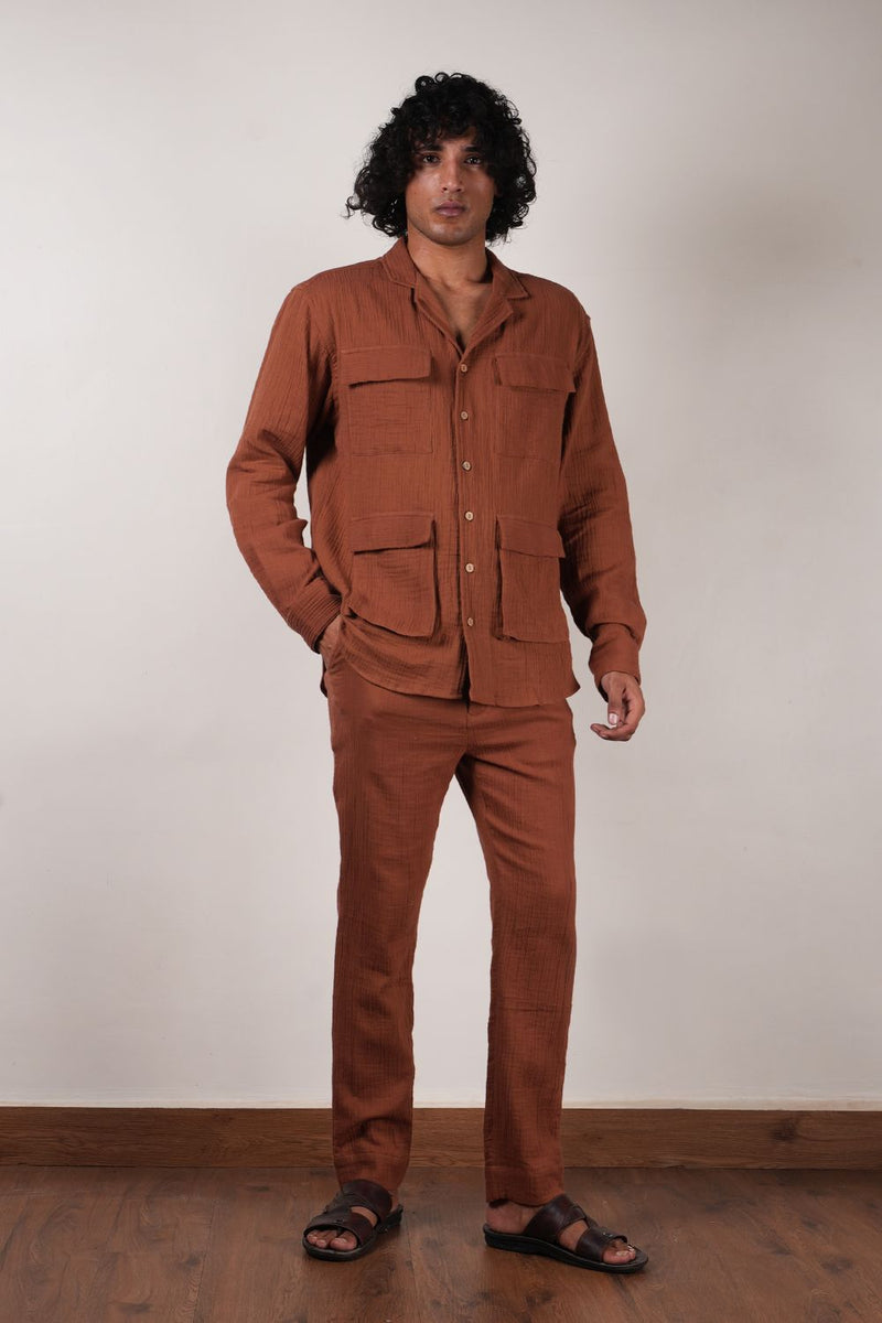 Men's Brown Crush Cotton Pocket Shirt & Pant Set (2 PCS) 100% cotton by Mati Men in brown color for men in Singapore