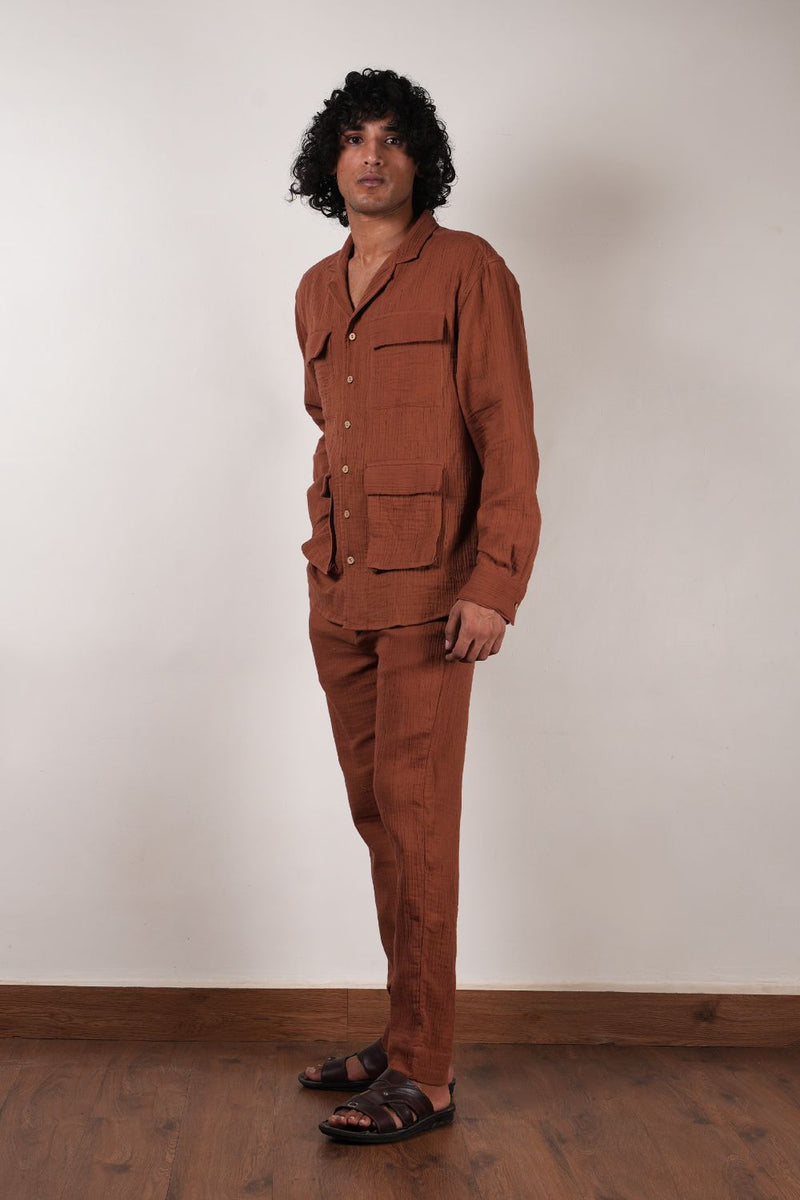 Men's Brown Crush Cotton Pocket Shirt & Pant Set (2 PCS) 100% cotton by Mati Men in brown color for men in Singapore
