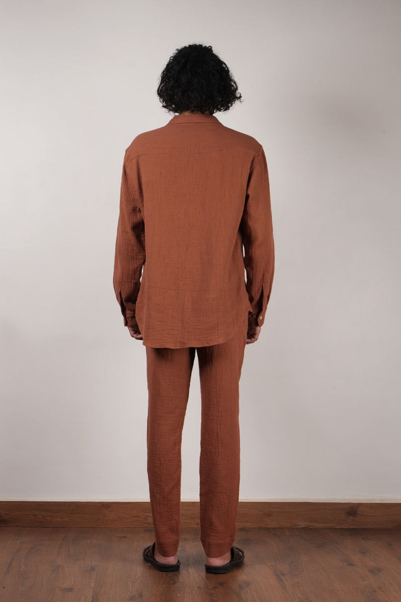 Men's Brown Crush Cotton Pocket Shirt & Pant Set (2 PCS) 100% cotton by Mati Men in brown color for men in Singapore