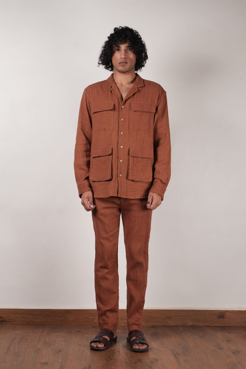 Men's Brown Crush Cotton Pocket Shirt & Pant Set (2 PCS) 100% cotton by Mati Men in brown color for men in Singapore