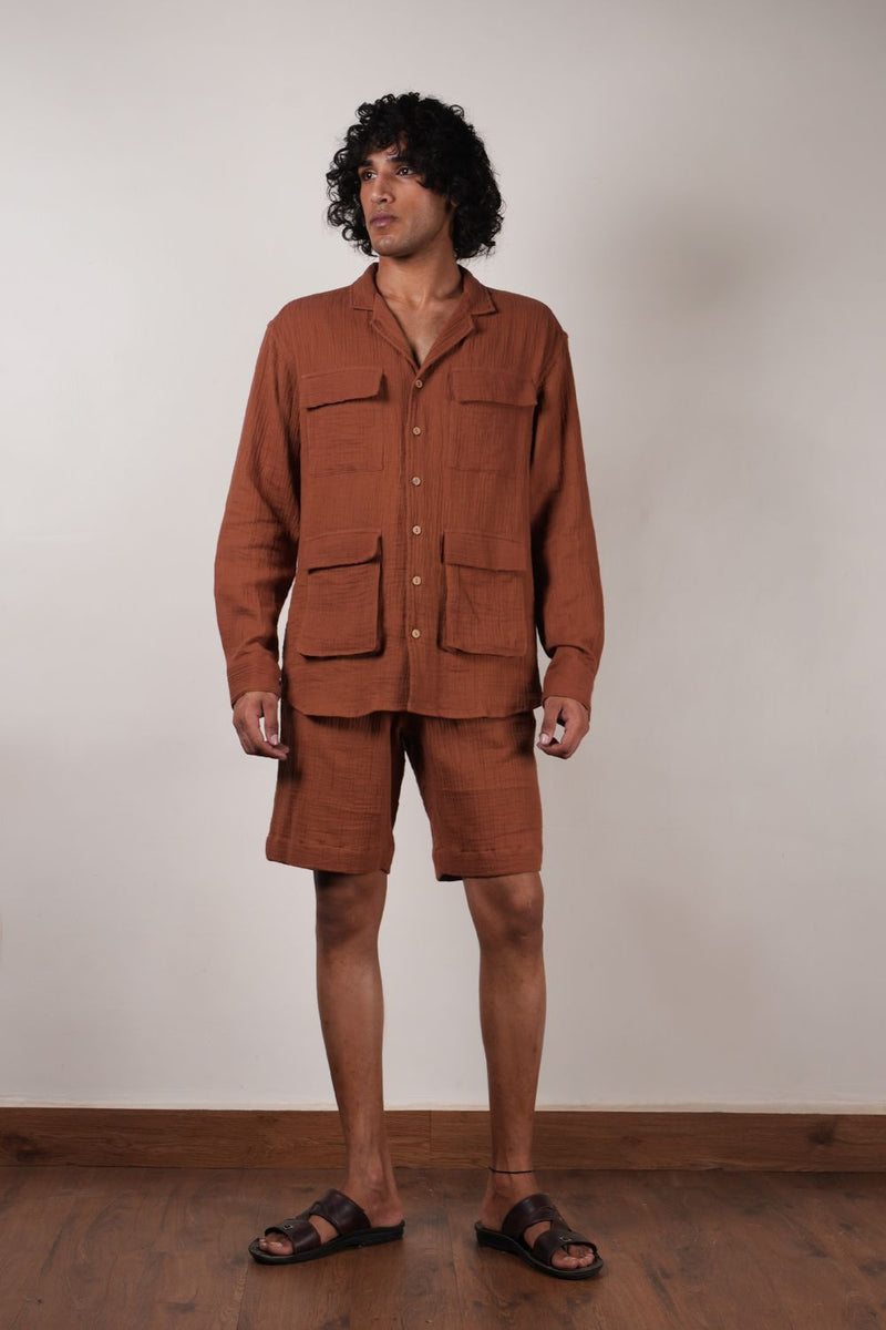Men's Brown Crush Cotton Pocket Shirt & Shorts Set (2 PCS) 100% cotton by Mati Men in brown color for men in Singapore