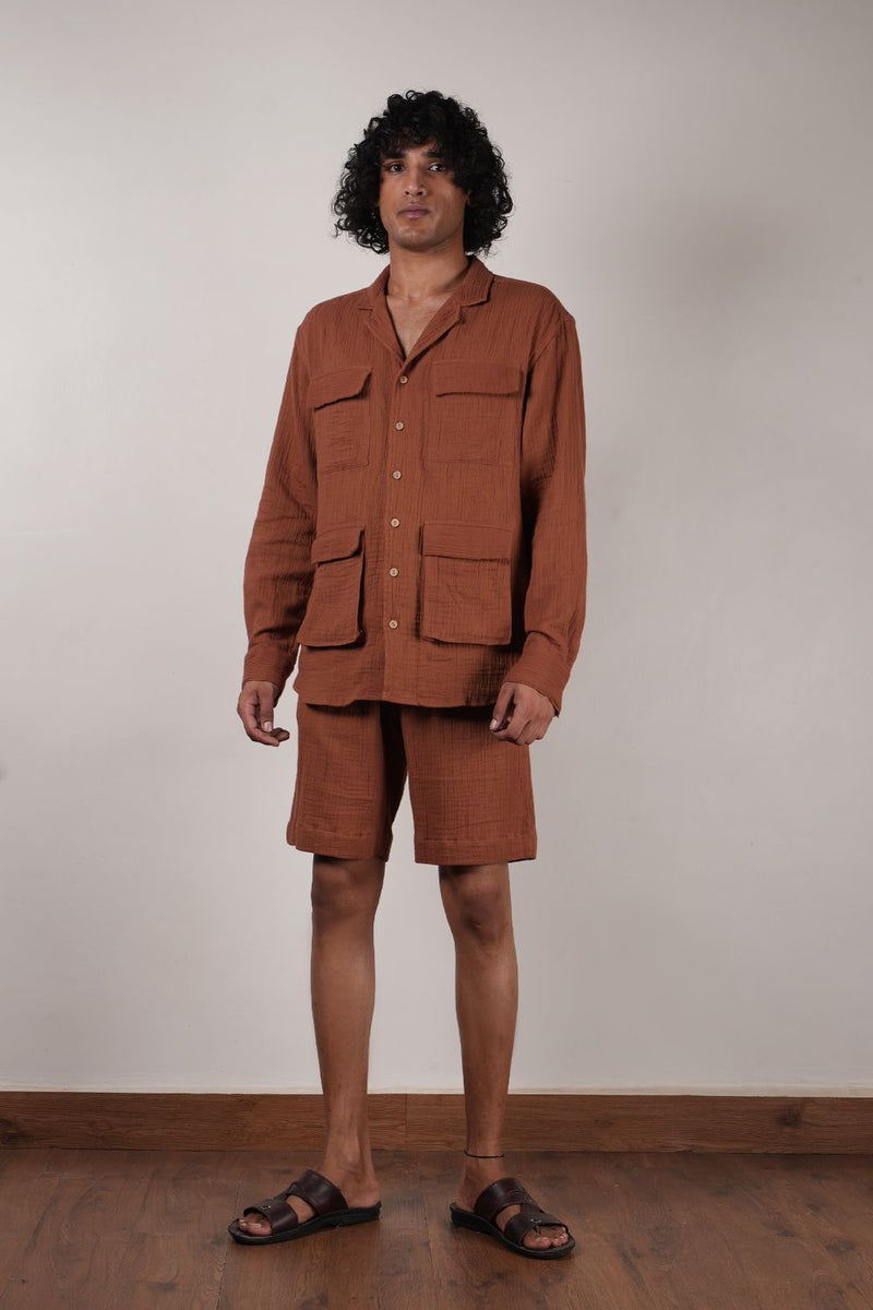 Men's Brown Crush Cotton Pocket Shirt & Shorts Set (2 PCS) 100% cotton by Mati Men in brown color for men in Singapore