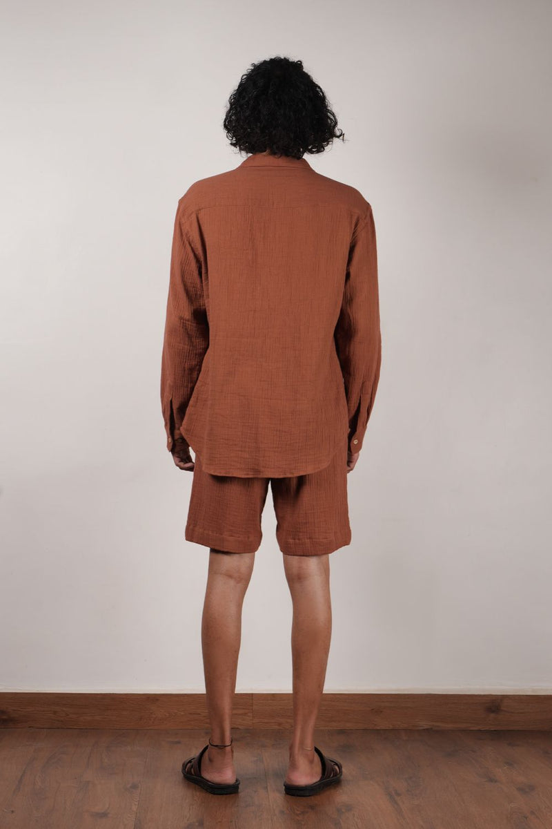 Men's Brown Crush Cotton Pocket Shirt & Shorts Set (2 PCS) 100% cotton by Mati Men in brown color for men in Singapore