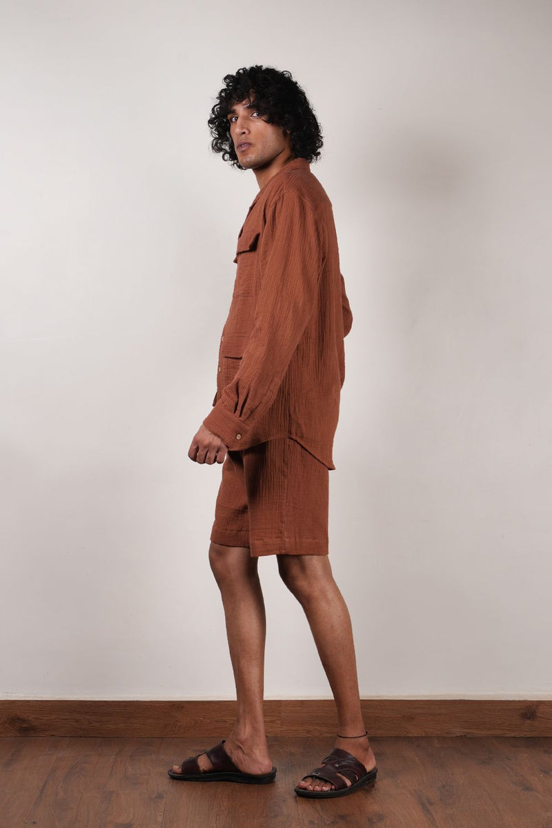 Men's Brown Crush Cotton Pocket Shirt & Shorts Set (2 PCS) 100% cotton by Mati Men in brown color for men in Singapore