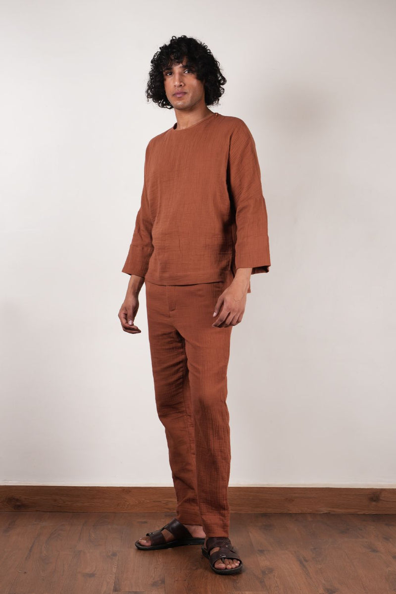 Men's Brown Crush T-Shirt & Pants Set (2 PCS) 100% cotton by Mati Men in brown color for men in Singapore