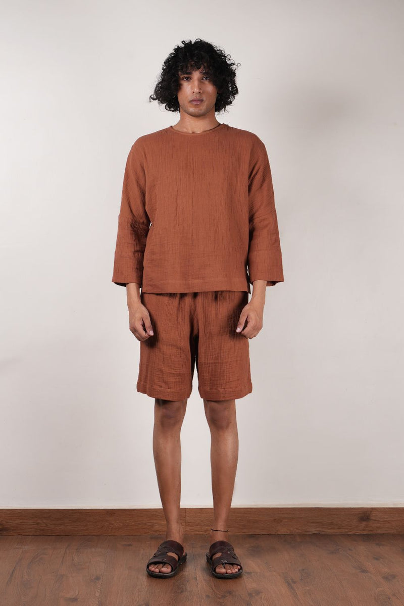 Men's Brown Crush T-Shirt & Shorts Set (2 PCS) 100% cotton by Mati Men in brown color for men in Singapore