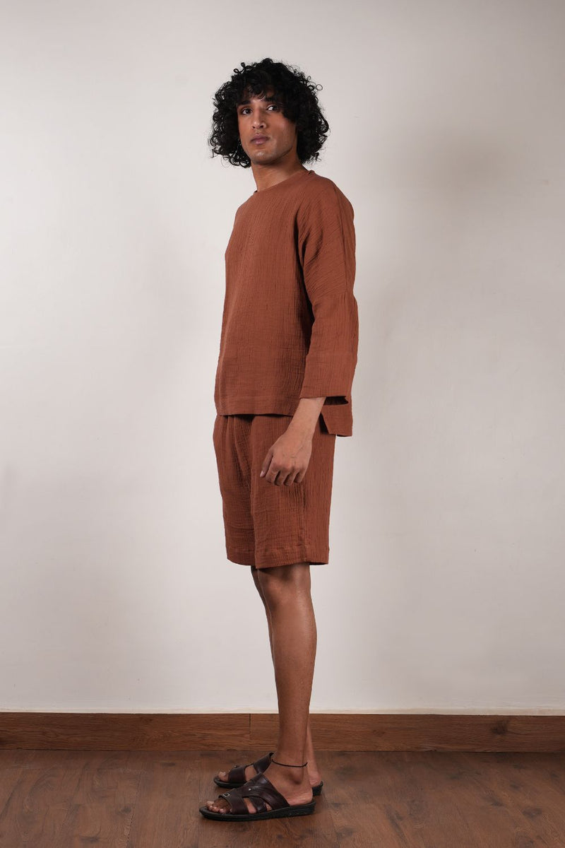 Men's Brown Crush T-Shirt & Shorts Set (2 PCS) 100% cotton by Mati Men in brown color for men in Singapore