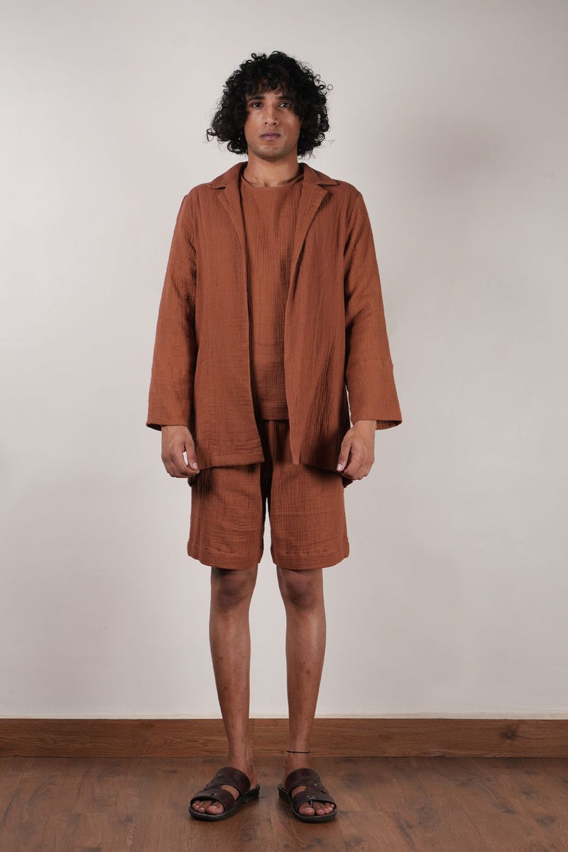 Men's Brown Crush T-Shirt, Shorts & Jacket Set (3 PCS) 100% cotton by Mati Men in brown color for men in Singapore