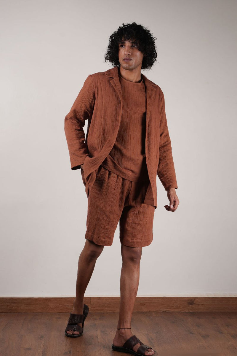 Men's Brown Crush T-Shirt, Shorts & Jacket Set (3 PCS) 100% cotton by Mati Men in brown color for men in Singapore