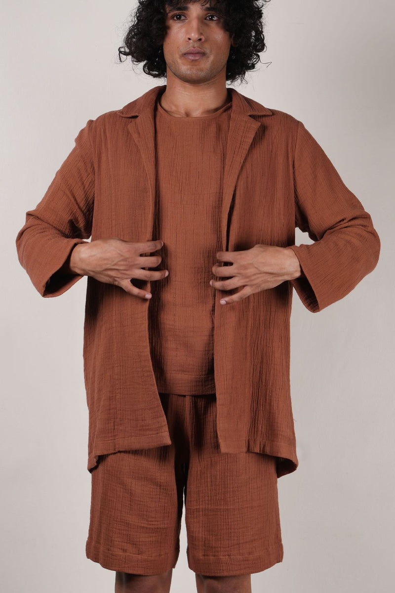 Men's Brown Crush T-Shirt, Shorts & Jacket Set (3 PCS) 100% cotton by Mati Men in brown color for men in Singapore