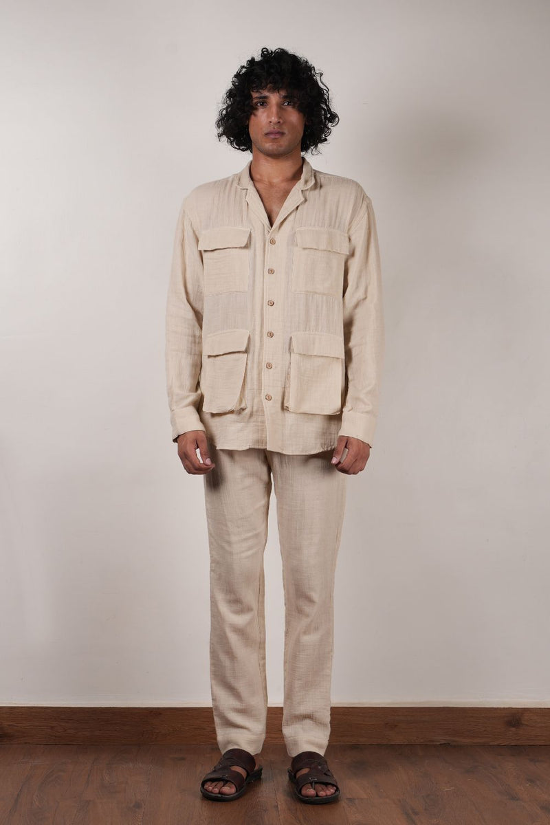 Men's Cream Crush Cotton Pocket Shirt & Pant Set (2 PCS) 100% cotton by Mati Men in white color for men in Singapore