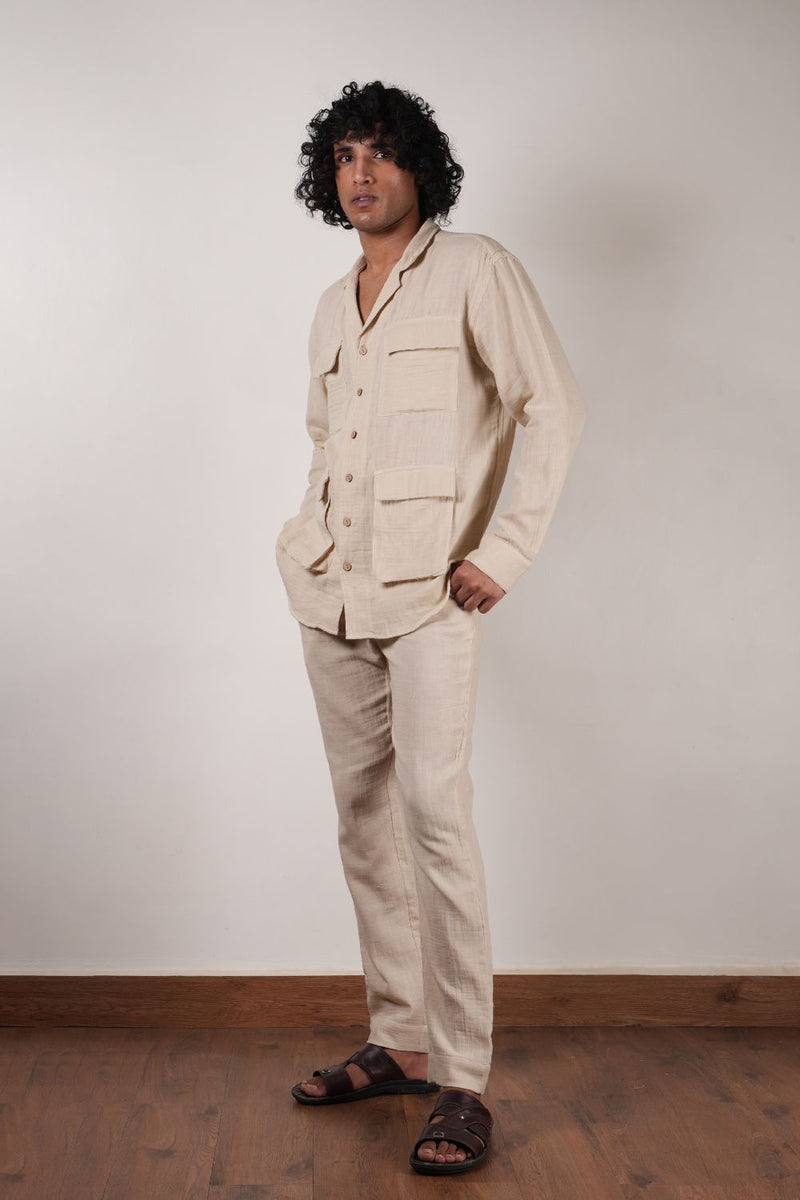 Men's Cream Crush Cotton Pocket Shirt & Pant Set (2 PCS) 100% cotton by Mati Men in white color for men in Singapore