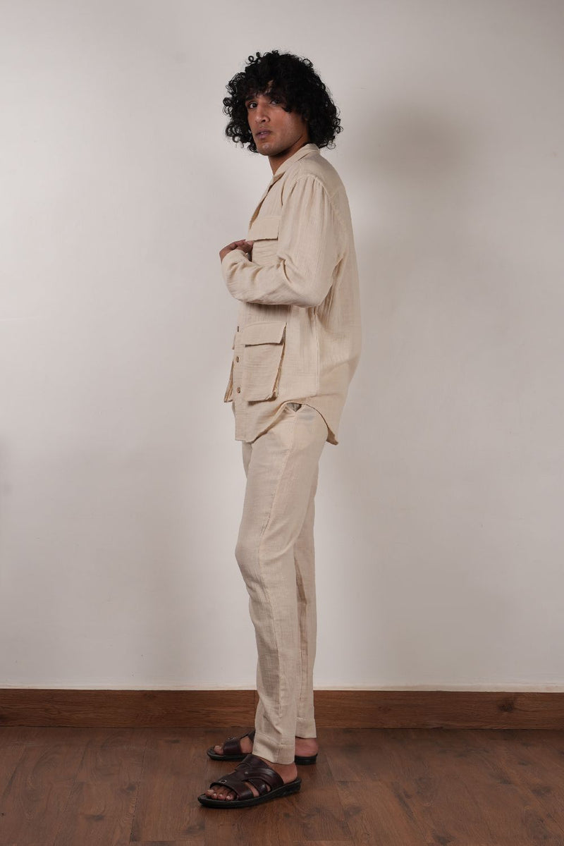 Men's Cream Crush Cotton Pocket Shirt & Pant Set (2 PCS) 100% cotton by Mati Men in white color for men in Singapore