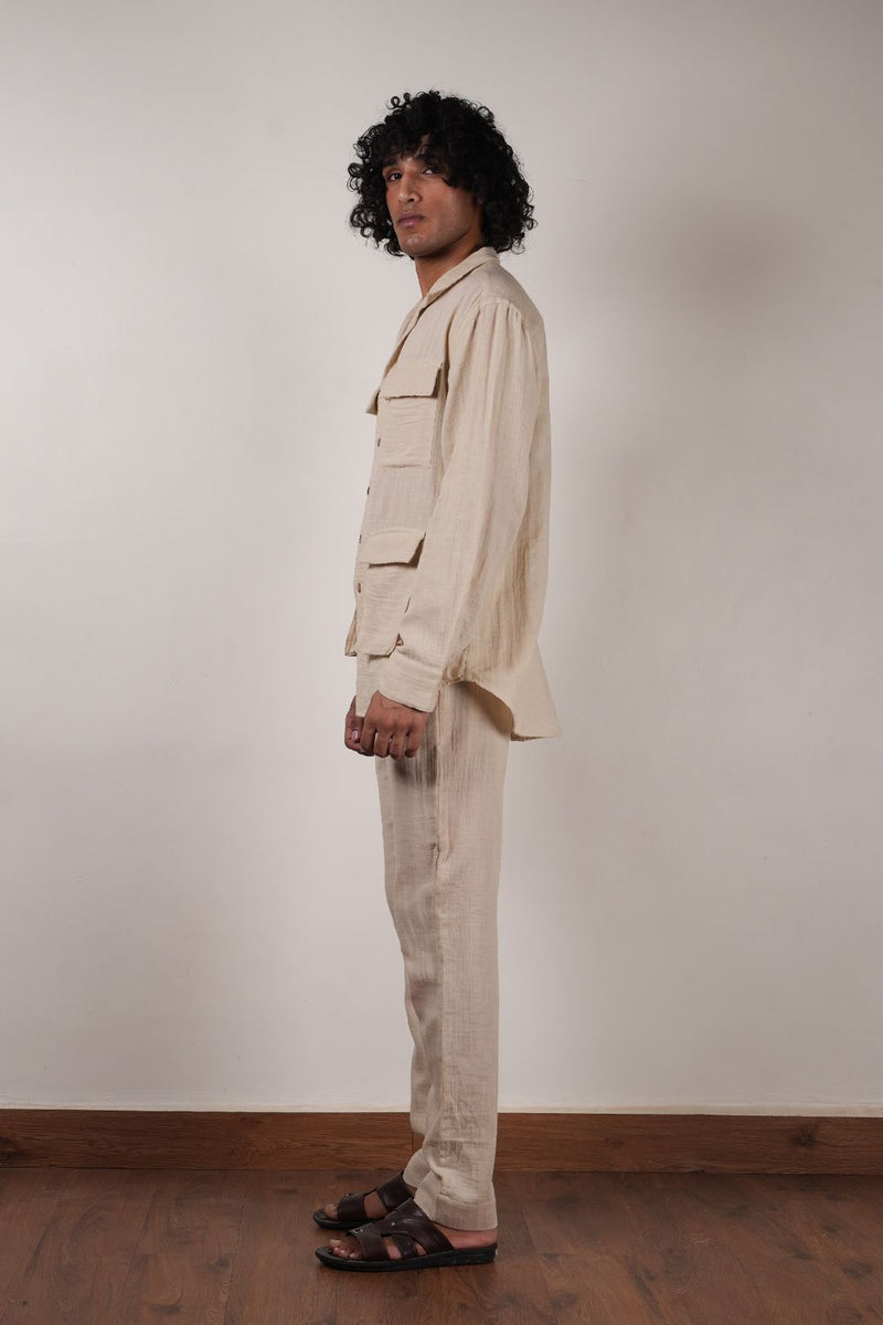 Men's Cream Crush Cotton Pocket Shirt & Pant Set (2 PCS) 100% cotton by Mati Men in white color for men in Singapore