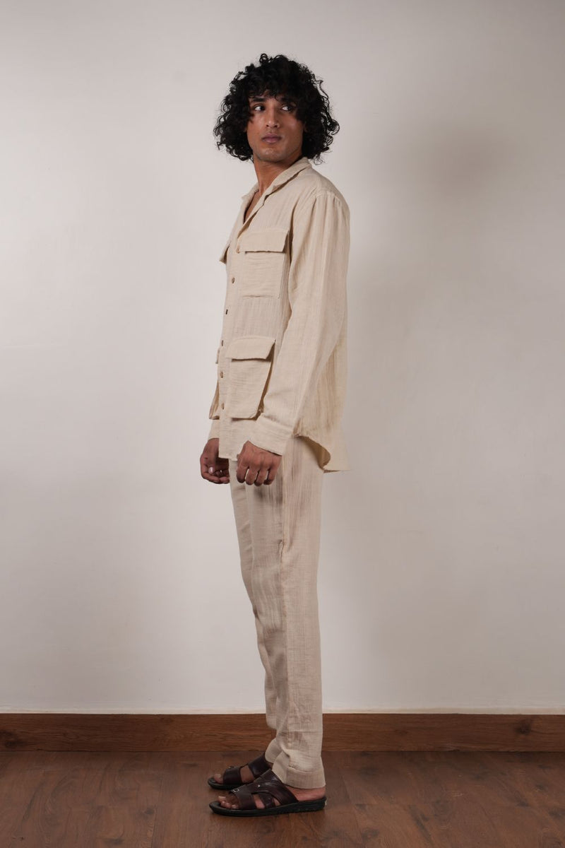 Men's Cream Crush Cotton Pocket Shirt & Pant Set (2 PCS) 100% cotton by Mati Men in white color for men in Singapore