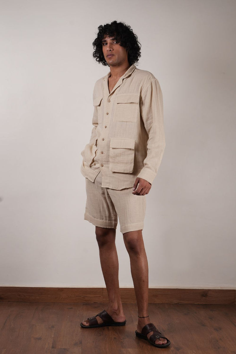 Men's Cream Crush Cotton Pocket Shirt & Shorts Set (2 PCS) 100% cotton by Mati Men in white color for men in Singapore