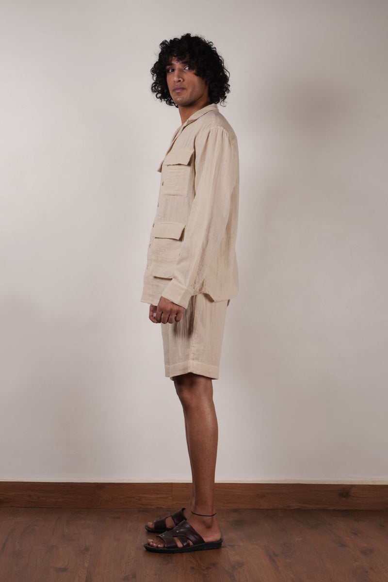 Men's Cream Crush Cotton Pocket Shirt & Shorts Set (2 PCS) 100% cotton by Mati Men in white color for men in Singapore