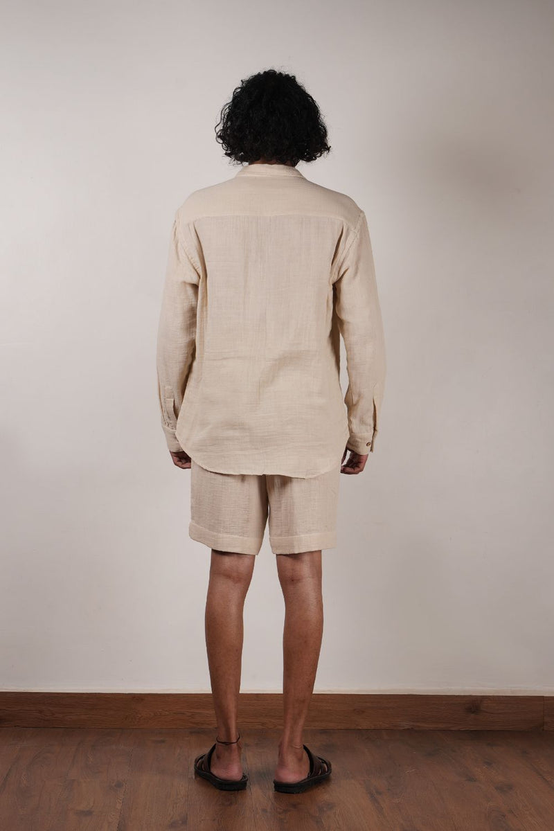 Men's Cream Crush Cotton Pocket Shirt & Shorts Set (2 PCS) 100% cotton by Mati Men in white color for men in Singapore