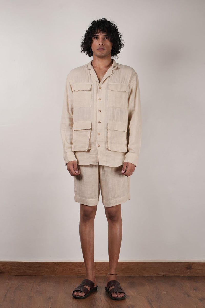 Men's Cream Crush Cotton Pocket Shirt & Shorts Set (2 PCS) 100% cotton by Mati Men in white color for men in Singapore