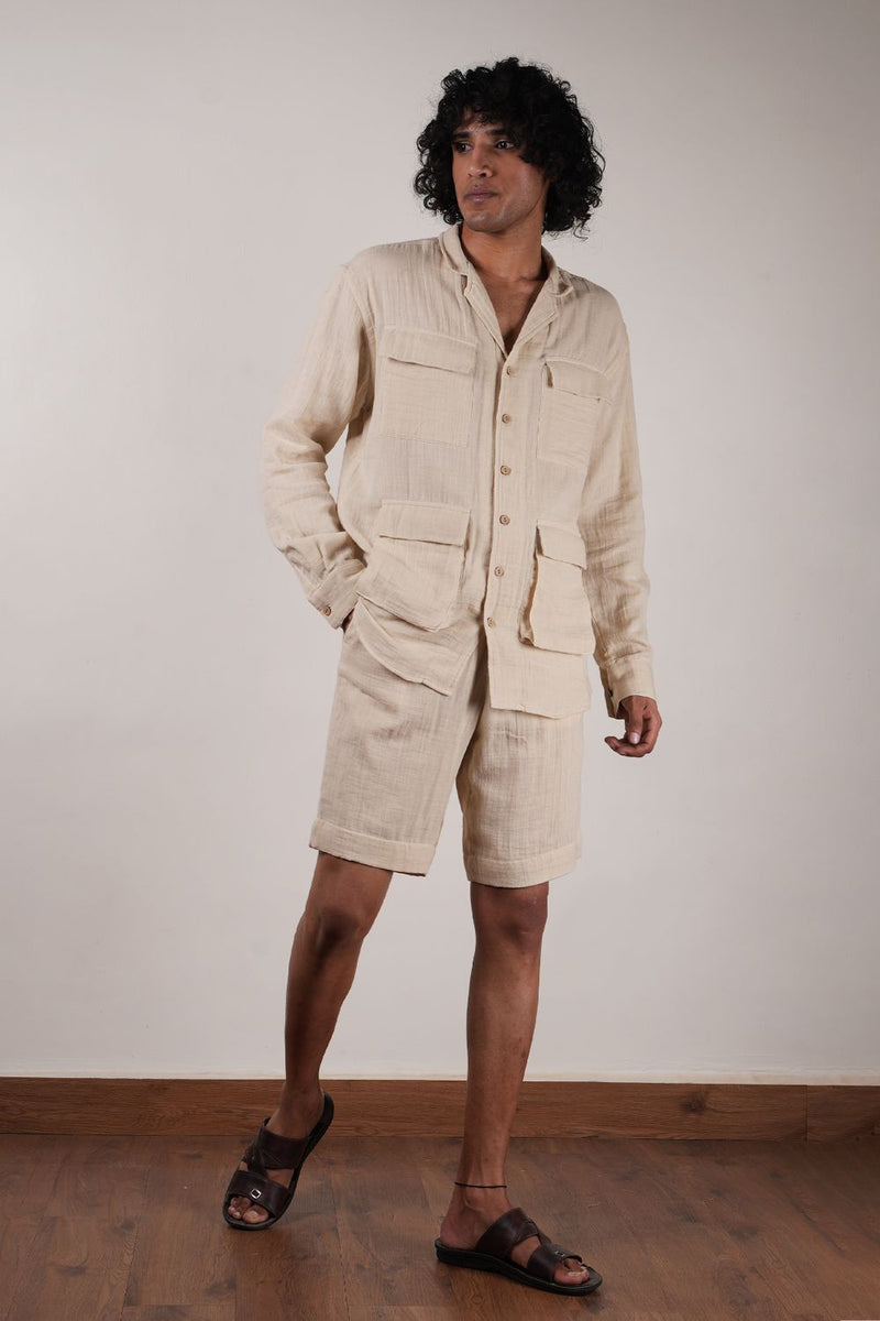 Men's Cream Crush Cotton Pocket Shirt & Shorts Set (2 PCS) 100% cotton by Mati Men in white color for men in Singapore