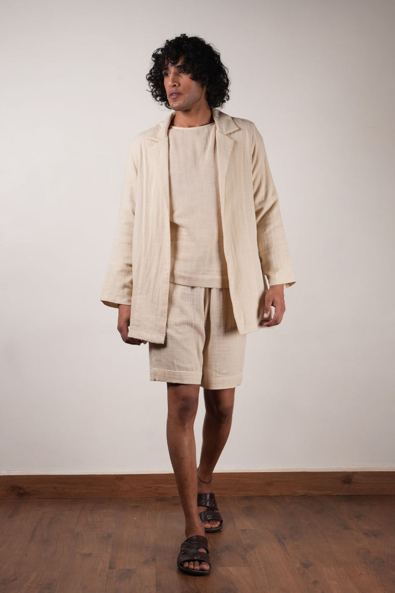Men's Cream Crush T-Shirt, Shorts & Jacket Set (3 PCS) 100% cotton by Mati Men in white color for men in Singapore