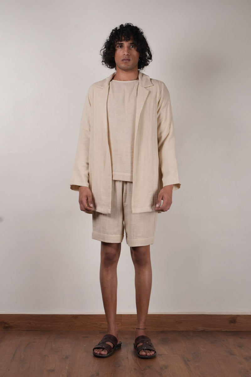 Men's Cream Crush T-Shirt, Shorts & Jacket Set (3 PCS) 100% cotton by Mati Men in white color for men in Singapore