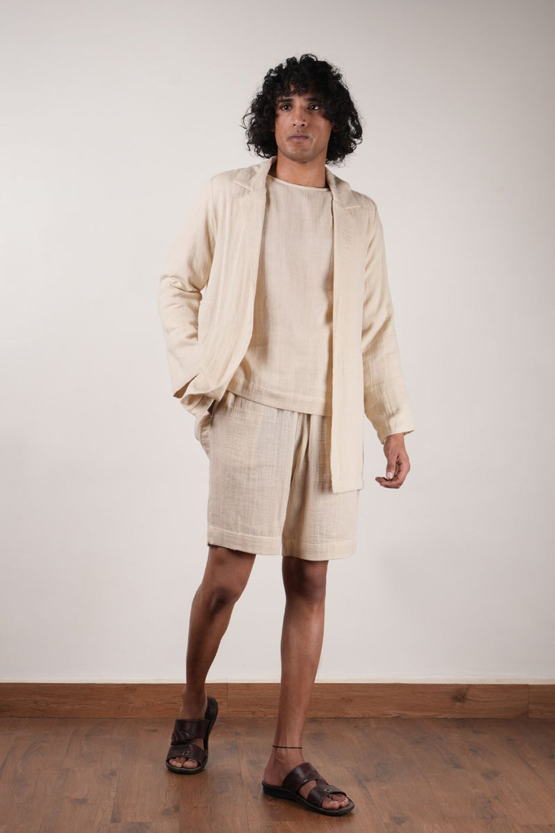 Men's Cream Crush T-Shirt, Shorts & Jacket Set (3 PCS) 100% cotton by Mati Men in white color for men in Singapore