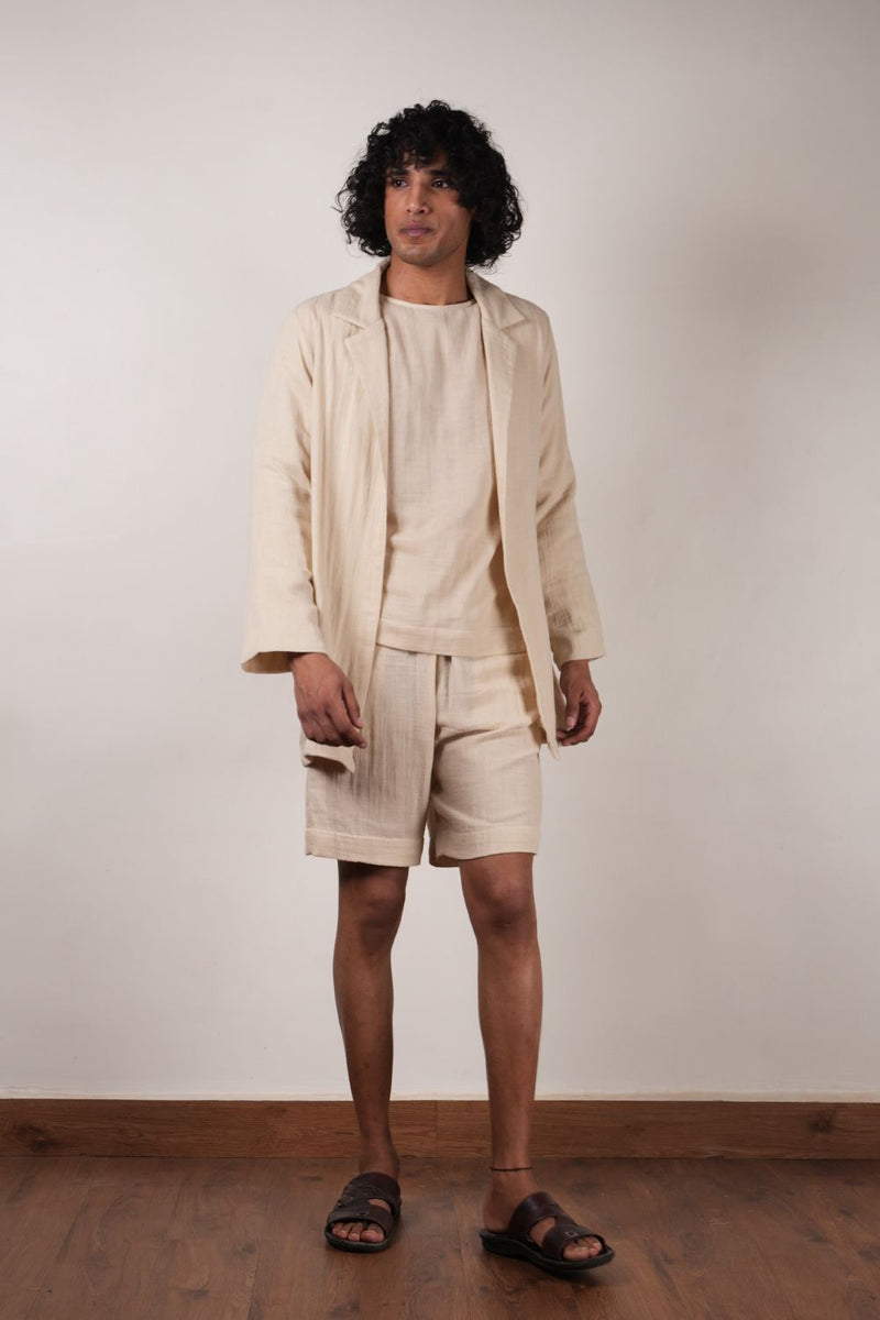 Men's Cream Crush T-Shirt, Shorts & Jacket Set (3 PCS) 100% cotton by Mati Men in white color for men in Singapore