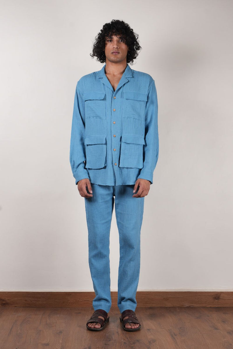 Men's Crush Cotton Blue Pants 100% cotton by Mati Men in blue color for men in Singapore