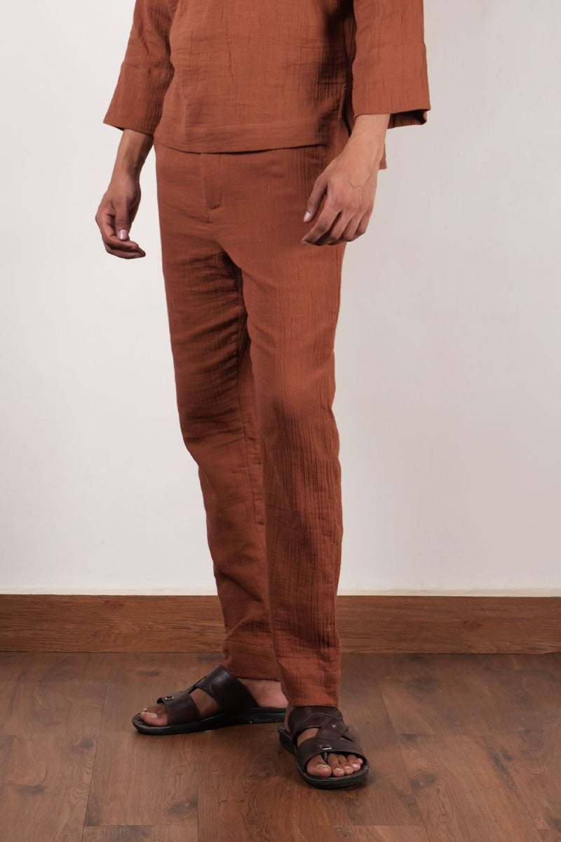 Men's Crush Cotton Brown Pants 100% cotton by Mati Men in brown color for men in Singapore