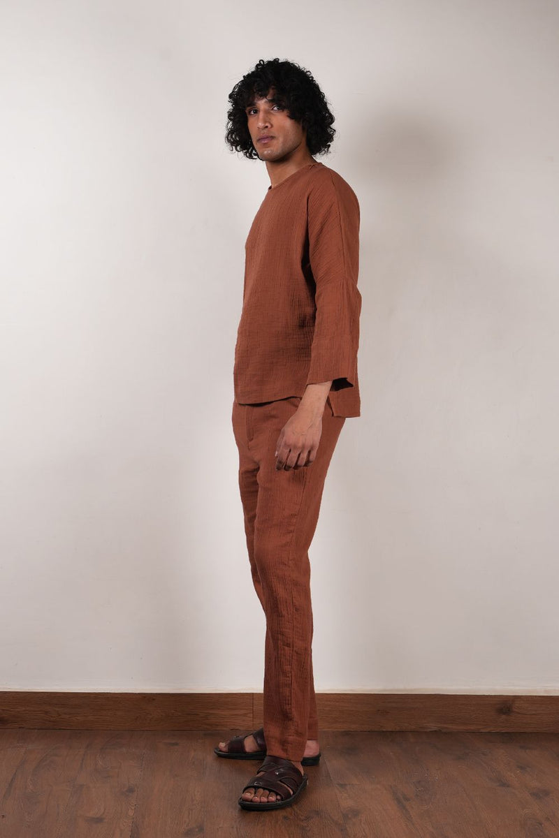 Men's Crush Cotton Brown Pants 100% cotton by Mati Men in brown color for men in Singapore