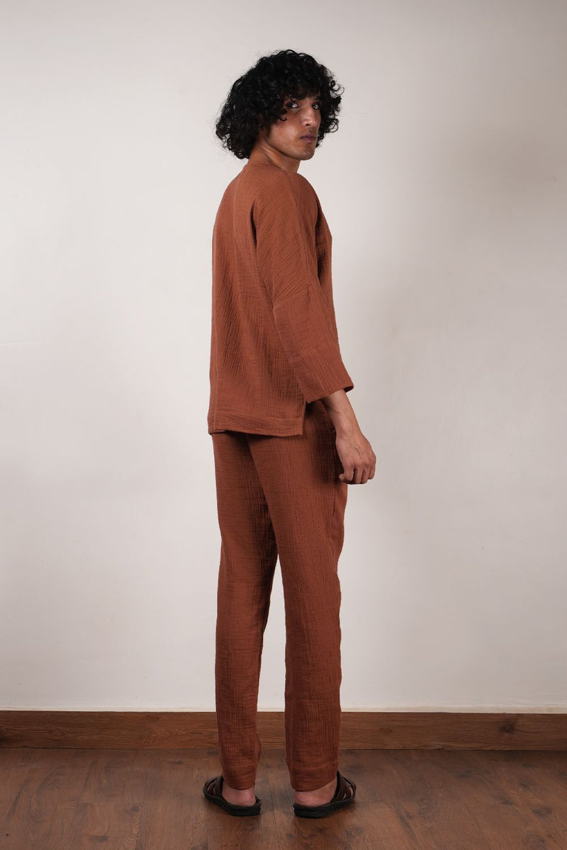 Men's Crush Cotton Brown Pants 100% cotton by Mati Men in brown color for men in Singapore