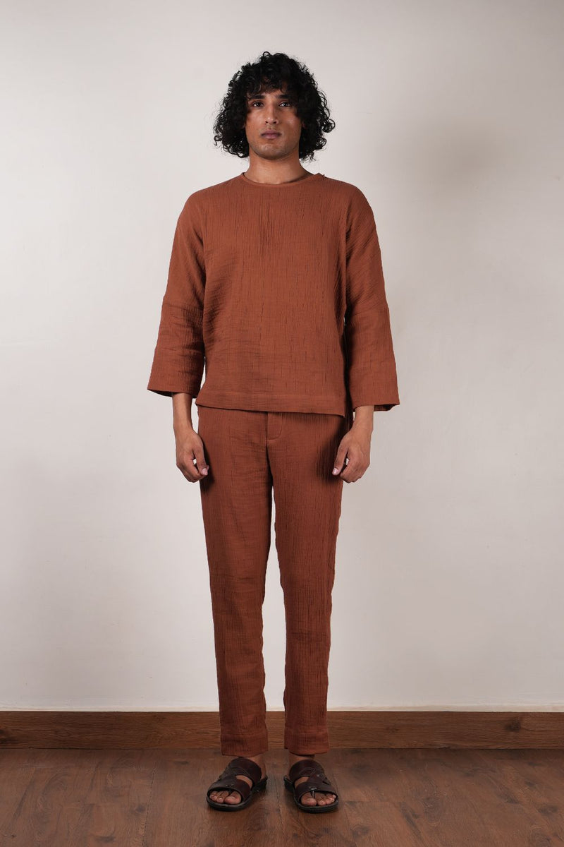 Men's Crush Cotton Brown Pants 100% cotton by Mati Men in brown color for men in Singapore