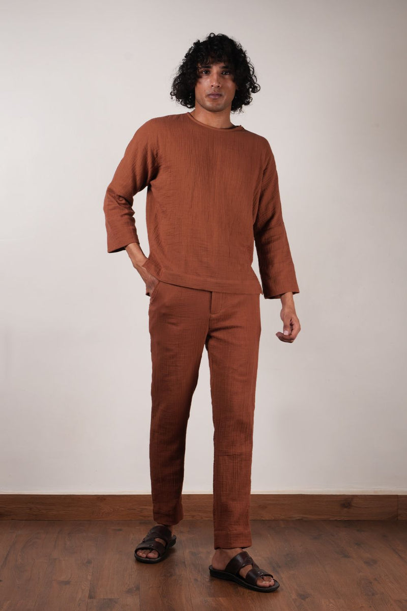 Men's Crush Cotton Brown Pants 100% cotton by Mati Men in brown color for men in Singapore
