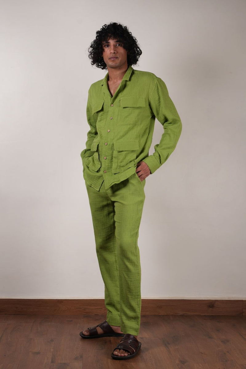 Men's Green Crush Cotton Pocket Shirt & Pant Set (2 PCS) 100% cotton by Mati Men in green color for men in Singapore